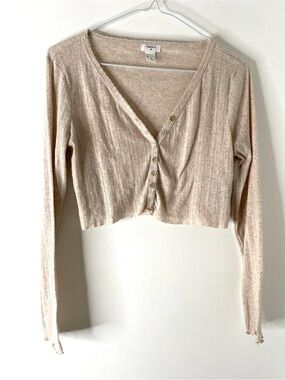 Forever 21 Beige Pointelle Cropped Cardigan V Neck Button Front Ribbed Knit Top
